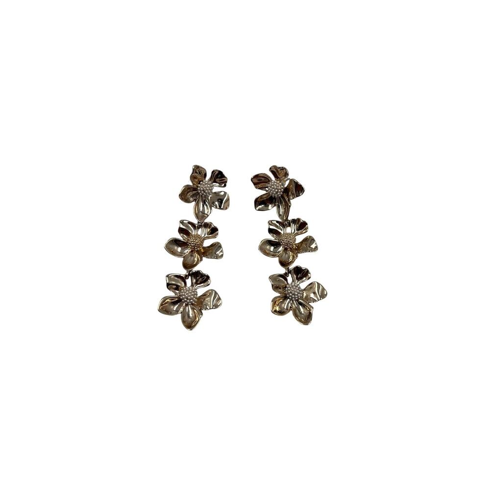 J. Crew Dressy Pearl Triple Dangle Gold Flower Pearl Drop Earrings